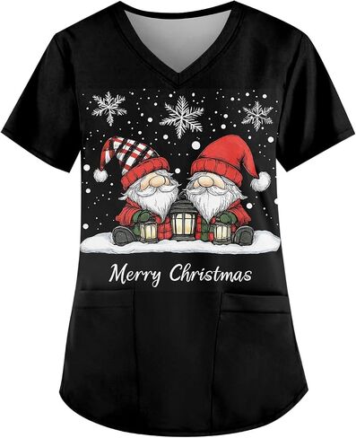 Petyczen Womens Christmas Scrub Tops Funny Print v Neck Dritic Short Sleeve Stretch Anti Grinkle Massing Usiform مع جيوب in Kuwait