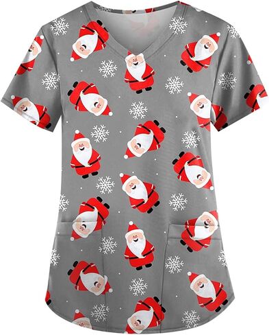 Petyczen Womens Christmas Scrub Tops Funny Print v Neck Dritic Short Sleeve Stretch Anti Grinkle Massing Usiform مع جيوب in Kuwait