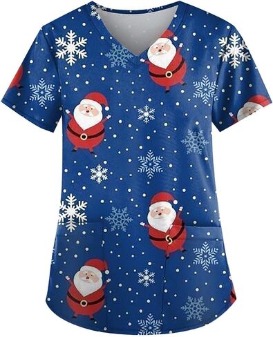 Petyczen Womens Christmas Scrub Tops Funny Print v Neck Dritic Short Sleeve Stretch Anti Grinkle Massing Usiform مع جيوب in Kuwait