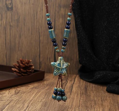 قلادة DS Boho للخرز للنساء - السيراميك والخرز القبلي الأفريقي ، والمجوهرات البوهيمية الطويلة القابلة للتعديل مع عبوات مربع الهدايا ، قلادة أزياء مصنوعة يدوياً الهبي in Kuwait