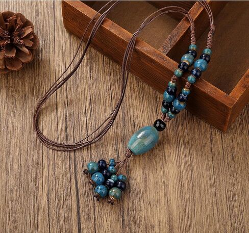 DS Boho Beaded Necklace for Women–Colorful Ceramic & African Tribal Beads, Adjustable Long Chunky Bohemian Jewelry with Gift Box Packaging,Hippie Witchy Vintage Handmade Fashion Statement Necklace in Kuwait