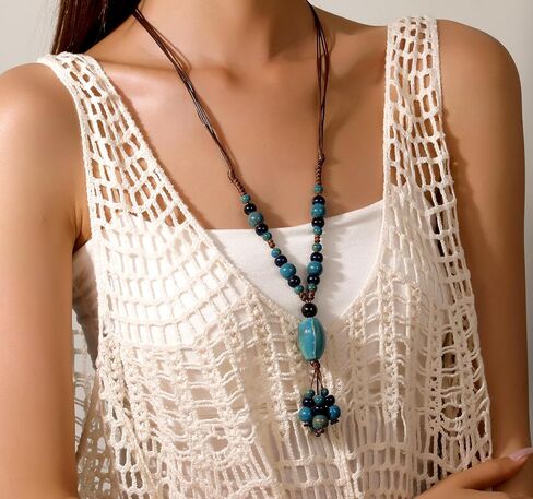 DS Boho Beaded Necklace for Women–Colorful Ceramic & African Tribal Beads, Adjustable Long Chunky Bohemian Jewelry with Gift Box Packaging,Hippie Witchy Vintage Handmade Fashion Statement Necklace in Kuwait