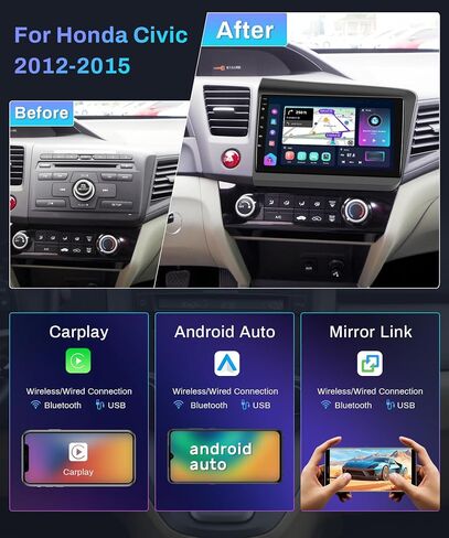 ستيريو راديو السيارة أندرويد لهوندا سيفيك 2012 2013 2014 2015، CarPlay اللاسلكي Android Auto، poofo Android Car Stereo مع شاشة لمس 9 بوصات بلوتوث GPS واي فاي HiFi Audio USB SWC كاميرا احتياطية in Kuwait