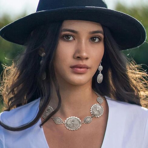 2 Pcs Concho Western Necklace Earrings Jewelry Set for Women Vintage Cowgirl Dangle Earrings Boho Choker Necklaces Western Country Concert Outfits for Women Concho Jewelry Gift in Saudi Arabia