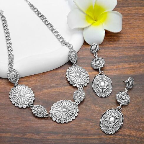 2 Pcs Concho Western Necklace Earrings Jewelry Set for Women Vintage Cowgirl Dangle Earrings Boho Choker Necklaces Western Country Concert Outfits for Women Concho Jewelry Gift in Saudi Arabia