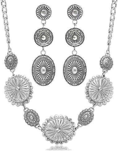 2 Pcs Concho Western Necklace Earrings Jewelry Set for Women Vintage Cowgirl Dangle Earrings Boho Choker Necklaces Western Country Concert Outfits for Women Concho Jewelry Gift in Saudi Arabia