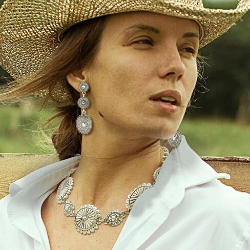 2 Pcs Concho Western Necklace Earrings Jewelry Set for Women Vintage Cowgirl Dangle Earrings Boho Choker Necklaces Western Country Concert Outfits for Women Concho Jewelry Gift in Saudi Arabia