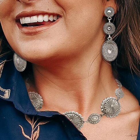 2 Pcs Concho Western Necklace Earrings Jewelry Set for Women Vintage Cowgirl Dangle Earrings Boho Choker Necklaces Western Country Concert Outfits for Women Concho Jewelry Gift in Saudi Arabia