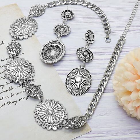 2 Pcs Concho Western Necklace Earrings Jewelry Set for Women Vintage Cowgirl Dangle Earrings Boho Choker Necklaces Western Country Concert Outfits for Women Concho Jewelry Gift in Saudi Arabia