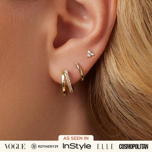 Ana Luisa Small Gold Earring Set - 14K Gold Plated With Cubic Zirconia Earrings - Hypoallergenic, Water-Resistant, Tarnish-Free Jewelry - Dainty Huggie Hoops & Stud Earrings for Women - 3 pairs in Saudi Arabia