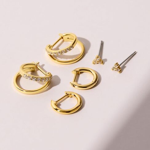 Ana Luisa Small Gold Earring Set - 14K Gold Plated With Cubic Zirconia Earrings - Hypoallergenic, Water-Resistant, Tarnish-Free Jewelry - Dainty Huggie Hoops & Stud Earrings for Women - 3 pairs in Saudi Arabia