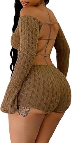 Women Sexy Long Sleeve Romper Fuzzy Off Shoulder Backless Bodycon Short Jumpsuit Party Club Rompers in Saudi Arabia
