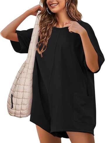 NTSWZYS Rompers for Women Casual Oversized Athletic Jumpsuits Short Sleeve Workout Overalls Hot Shot Tee Romper with Pockets in Kuwait