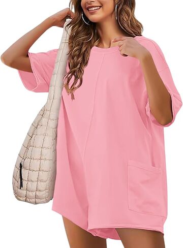 NTSWZYS Rompers for Women Casual Oversized Athletic Jumpsuits Short Sleeve Workout Overalls Hot Shot Tee Romper with Pockets in Saudi Arabia