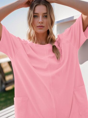 NTSWZYS Rompers for Women Casual Oversized Athletic Jumpsuits Short Sleeve Workout Overalls Hot Shot Tee Romper with Pockets in Saudi Arabia