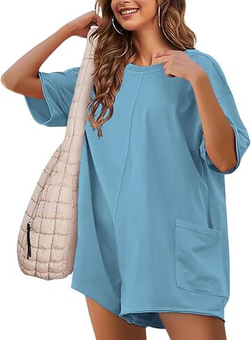 NTSWZYS Rompers for Women Casual Oversized Athletic Jumpsuits Short Sleeve Workout Overalls Hot Shot Tee Romper with Pockets in Kuwait