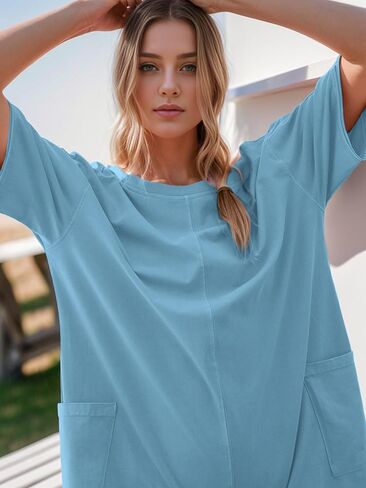 NTSWZYS Rompers for Women Casual Oversized Athletic Jumpsuits Short Sleeve Workout Overalls Hot Shot Tee Romper with Pockets in Kuwait