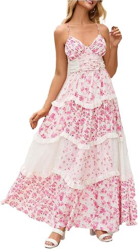 Women Floral Patchwork Maxi Dress V Neck Sleeveless Cross Back Spaghetti Strap Tiered Sundress Summer Long Dress in Saudi Arabia