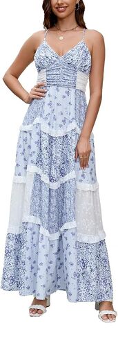 Women Floral Patchwork Maxi Dress V Neck Sleeveless Cross Back Spaghetti Strap Tiered Sundress Summer Long Dress in Saudi Arabia