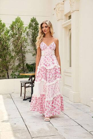Women Floral Patchwork Maxi Dress V Neck Sleeveless Cross Back Spaghetti Strap Tiered Sundress Summer Long Dress in Saudi Arabia