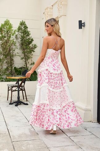Women Floral Patchwork Maxi Dress V Neck Sleeveless Cross Back Spaghetti Strap Tiered Sundress Summer Long Dress in Saudi Arabia