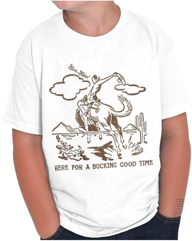Brisco Brands Cowboy Here for A Bucking Good Time Crewneck T Shirts Boy Girl in Saudi Arabia