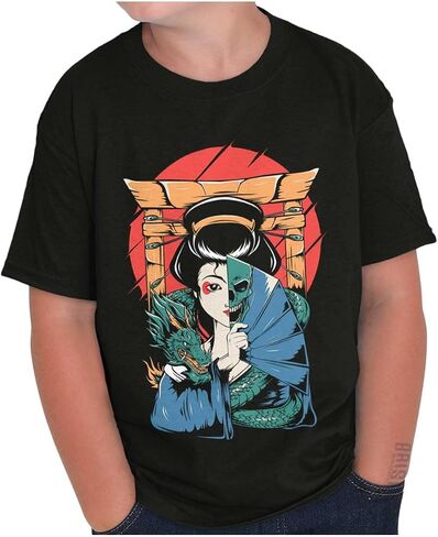 التقليدية Geisha Skull Fan Dragon Crewneck T Shirts Boy Girl in Saudi Arabia