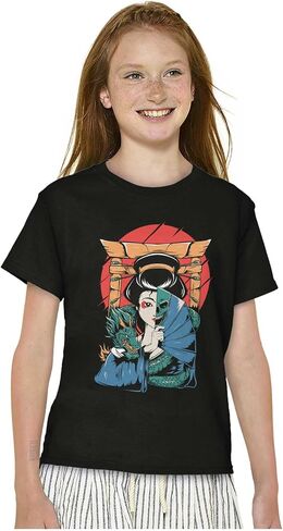 التقليدية Geisha Skull Fan Dragon Crewneck T Shirts Boy Girl in Saudi Arabia