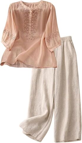 Capri Sets Women 2 Piece Outfits Summer Fall Casual 3/4 Sleeve Embroidered Tops Capri Pant Cotton Linen Lounge Set in Saudi Arabia