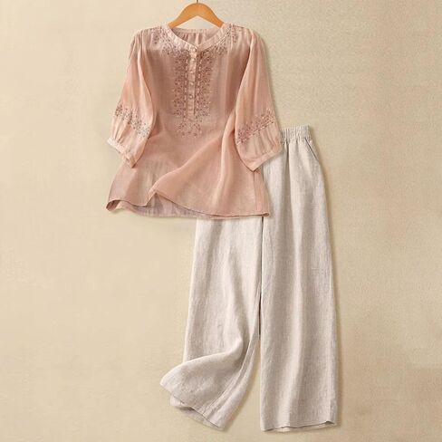Capri Sets Women 2 Piece Outfits Summer Fall Casual 3/4 Sleeve Embroidered Tops Capri Pant Cotton Linen Lounge Set in Saudi Arabia