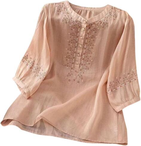 Capri Sets Women 2 Piece Outfits Summer Fall Casual 3/4 Sleeve Embroidered Tops Capri Pant Cotton Linen Lounge Set in Saudi Arabia