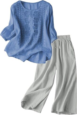 Capri Sets Women 2 Piece Outfits Summer Fall Casual 3/4 Sleeve Embroidered Tops Capri Pant Cotton Linen Lounge Set in Saudi Arabia