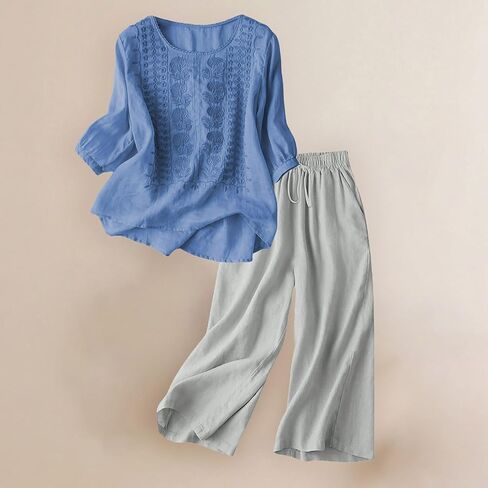 Capri Sets Women 2 Piece Outfits Summer Fall Casual 3/4 Sleeve Embroidered Tops Capri Pant Cotton Linen Lounge Set in Saudi Arabia