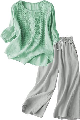 Capri Sets Women 2 Piece Outfits Summer Fall Casual 3/4 Sleeve Embroidered Tops Capri Pant Cotton Linen Lounge Set in Saudi Arabia