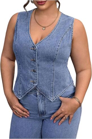 Floerns Women's Plus Size Sleeveless Vest Denim Jacket Button Front V Neck Waistcoat in Saudi Arabia