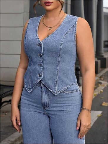 Floerns Women's Plus Size Sleeveless Vest Denim Jacket Button Front V Neck Waistcoat in Saudi Arabia