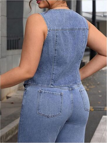 Floerns Women's Plus Size Sleeveless Vest Denim Jacket Button Front V Neck Waistcoat in Saudi Arabia