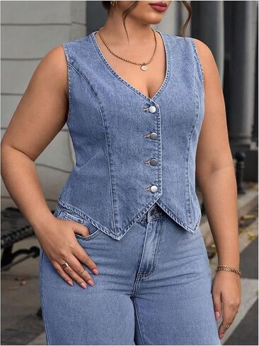 Floerns Women's Plus Size Sleeveless Vest Denim Jacket Button Front V Neck Waistcoat in Saudi Arabia