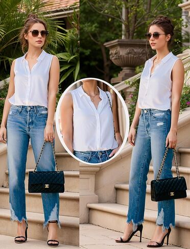 HOTOUCH Women's Sleeveless Button Down Shirts Hidden-Button Front Casual Loose Dressy Blouses V Neck Work Tank Tops in Kuwait