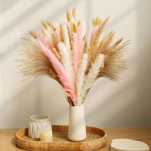 YN HI FLOWER NATORY DRIED PAMPAS GRASS Bouquet Boho Wedding Home Decore Concerte in Blush Pink White & Brown (17inche) in Kuwait