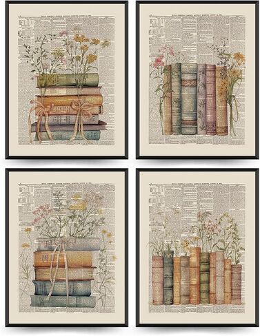 PLKMN Vintage Floral Wall Decor, Retro Library Book Club Gifts, Book Themed Party Decorations 4 Pcs, Bookish Posters for Women Girls, Wildflower Books Wall Art Decor for Home Living Room Bedroom Bathroom Dorm Classroom 8x10 Unframed in Saudi Arabia