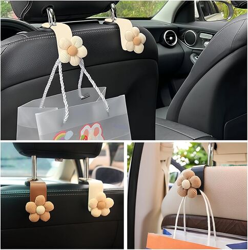 Car Seat Headrest Hooks, Cute Flower Car Seat Back Organizer Bag Holder Hooks, Automotive Seat Hook Hanger Storage Organizer for Purse Cloth Grocery Bags, Car Accessories (White) in Saudi Arabia