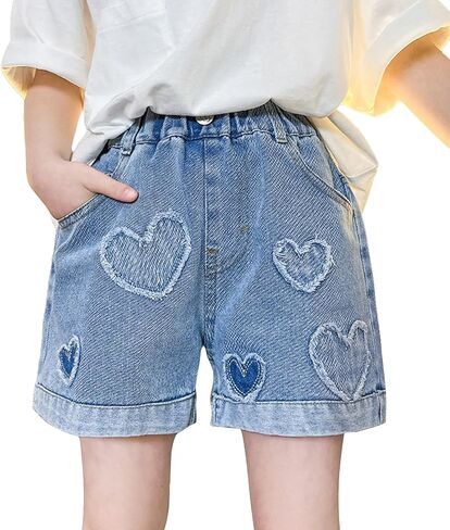 Happy Cherry Girls Denim Shorts Stretch High Waisted Jeans Elastic Waist Straight Leg Jean Shorts Ages 5 to 14 in Saudi Arabia