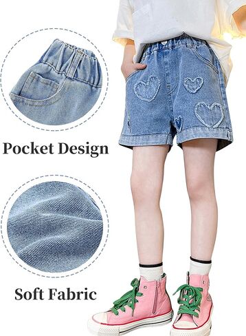 Happy Cherry Girls Denim Shorts Stretch High Waisted Jeans Elastic Waist Straight Leg Jean Shorts Ages 5 to 14 in Saudi Arabia
