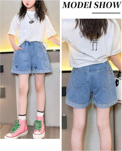 Happy Cherry Girls Denim Shorts Stretch High Waisted Jeans Elastic Waist Straight Leg Jean Shorts Ages 5 to 14 in Saudi Arabia
