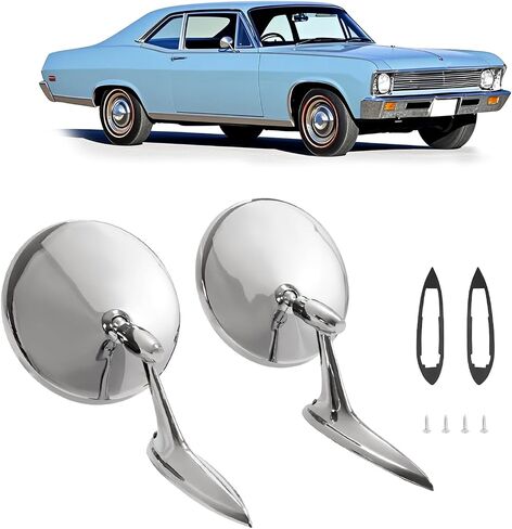 HECASA Side Mirrors Chrome Round Outside Ribbed Base Compatible with 1963 1964 1965 Chevy Chevelle Impala Nova Corvair El Camino Pair Rearview Mirrors in Saudi Arabia