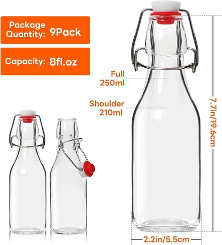 AuroTrends Swing Top Glass Bottles 8 oz 9Pack, Flip Top Glass Bottles with Airtight Flip Lids for Vanilla Extract Bottles/Home Brewing/Beverages/Oil (8 fl. oz, Set of 9) in Saudi Arabia