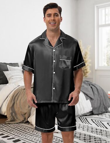 EPLAZA 2 Piece Silk Pajamas for Men Satin Pajama Button Down Pjs Set Sleepwear Loungewear in Kuwait