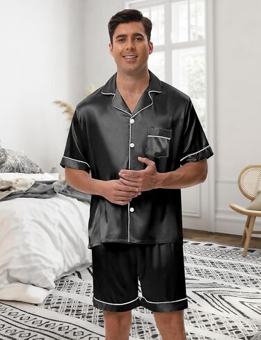 EPLAZA 2 Piece Silk Pajamas for Men Satin Pajama Button Down Pjs Set Sleepwear Loungewear in Kuwait