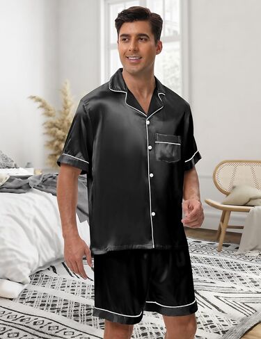 EPLAZA 2 Piece Silk Pajamas for Men Satin Pajama Button Down Pjs Set Sleepwear Loungewear in Kuwait